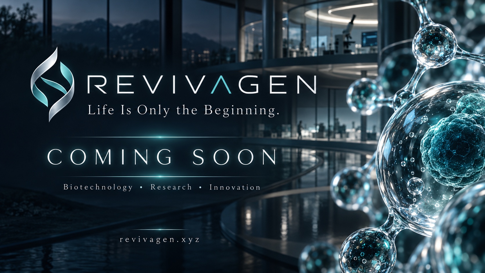 Revivagen. Life Is Only the Beginning. Coming Soon. Biotechnology, Research, Innovation. revivagen.xyz